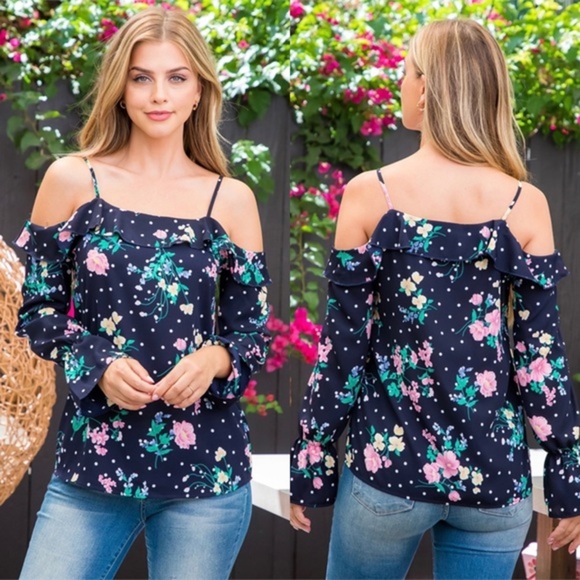 NEW COLD OFF SHOULDER POLKA DOT RUFFLE DETAIL SPAGHETTI‎ STRAP FLORAL NAVY TOP - Picture 1 of 10